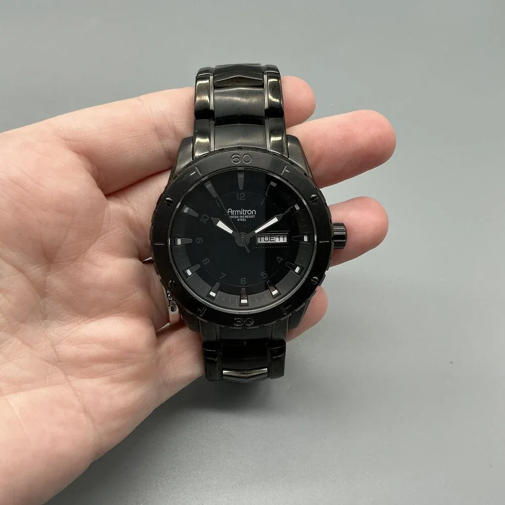 Armitron 20/4833HT Men Watch 43mm Black Dial Black Steel Day Date New Battery 7